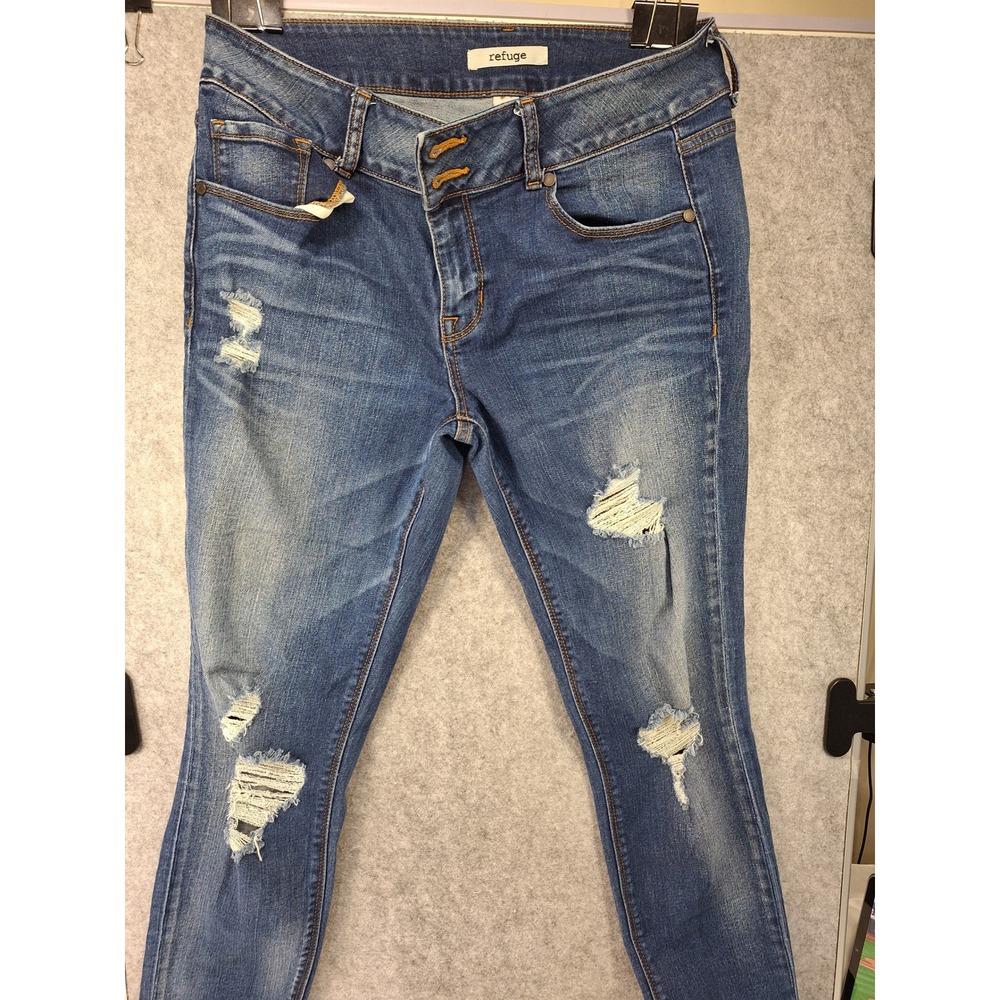 Refuge Womens Distressed Skinny Jeans Blue Denim Ripped Size 10 Medium Wash